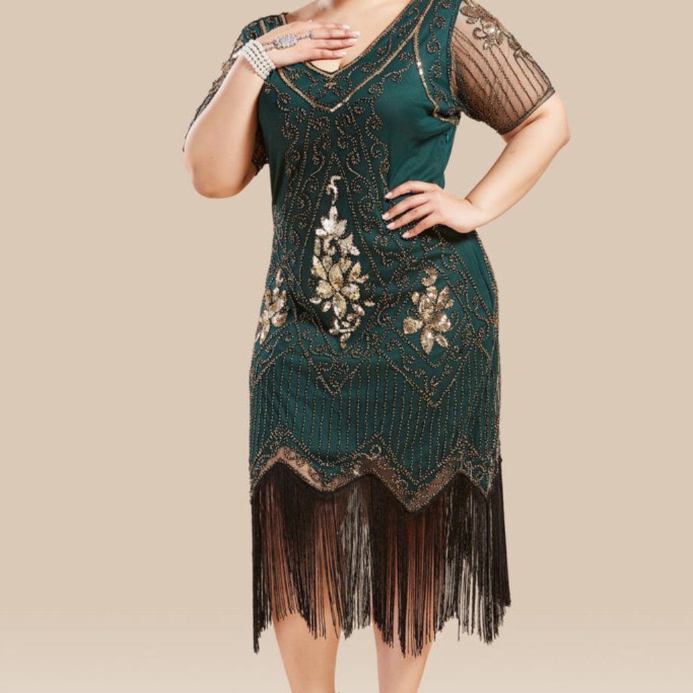 Vintage Paisley Flapper Dress Sequined with Fringe Size 3X